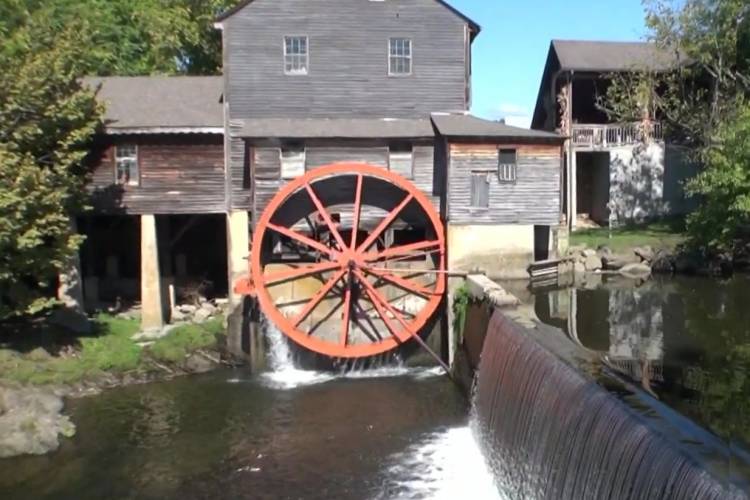 Historic Old Mill waterwheel and river in Pigeon Forge Tennessee