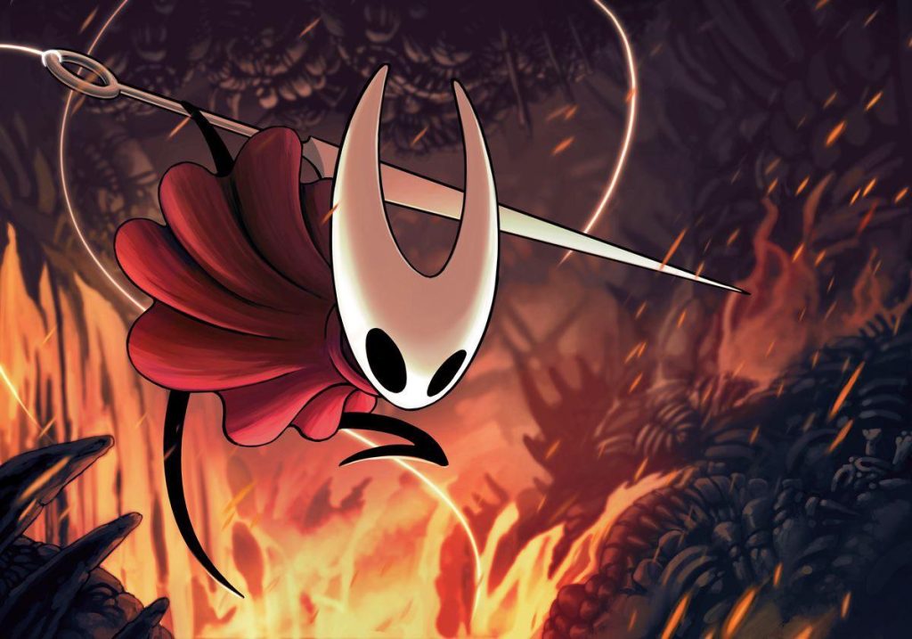 Hollow Knight bug knight leaping through dark, atmospheric underground world
