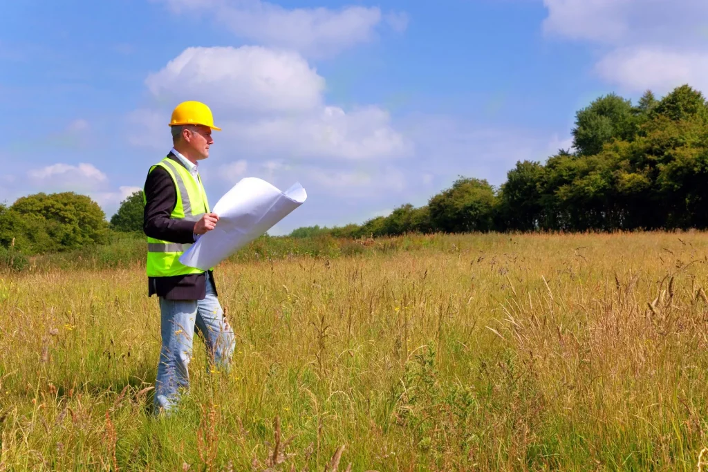 Land surveyor and buyer evaluating cheap land in Arkansas before purchase