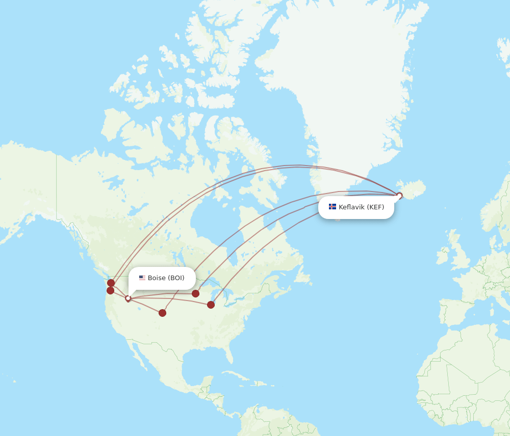 Map showing affordable international flight routes from Boise Airport to global destinations.