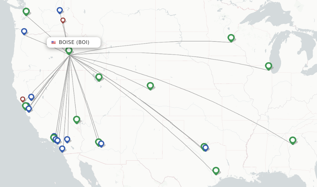 Map showing cheapest domestic flight destinations from Boise Airport across the United States.