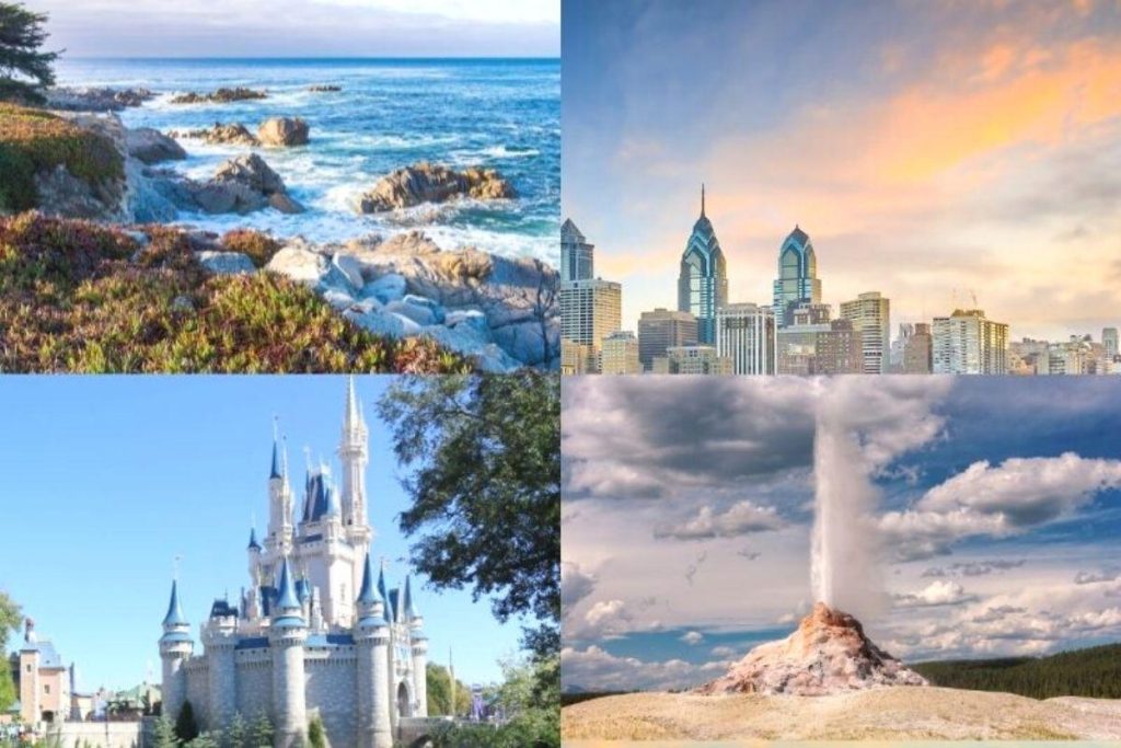 Travel collage of Orlando Las Vegas Chicago and Denver
