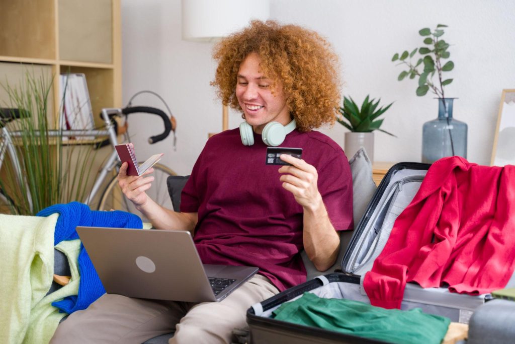 “Traveler successfully booking a cheap flight and preparing for a trip”