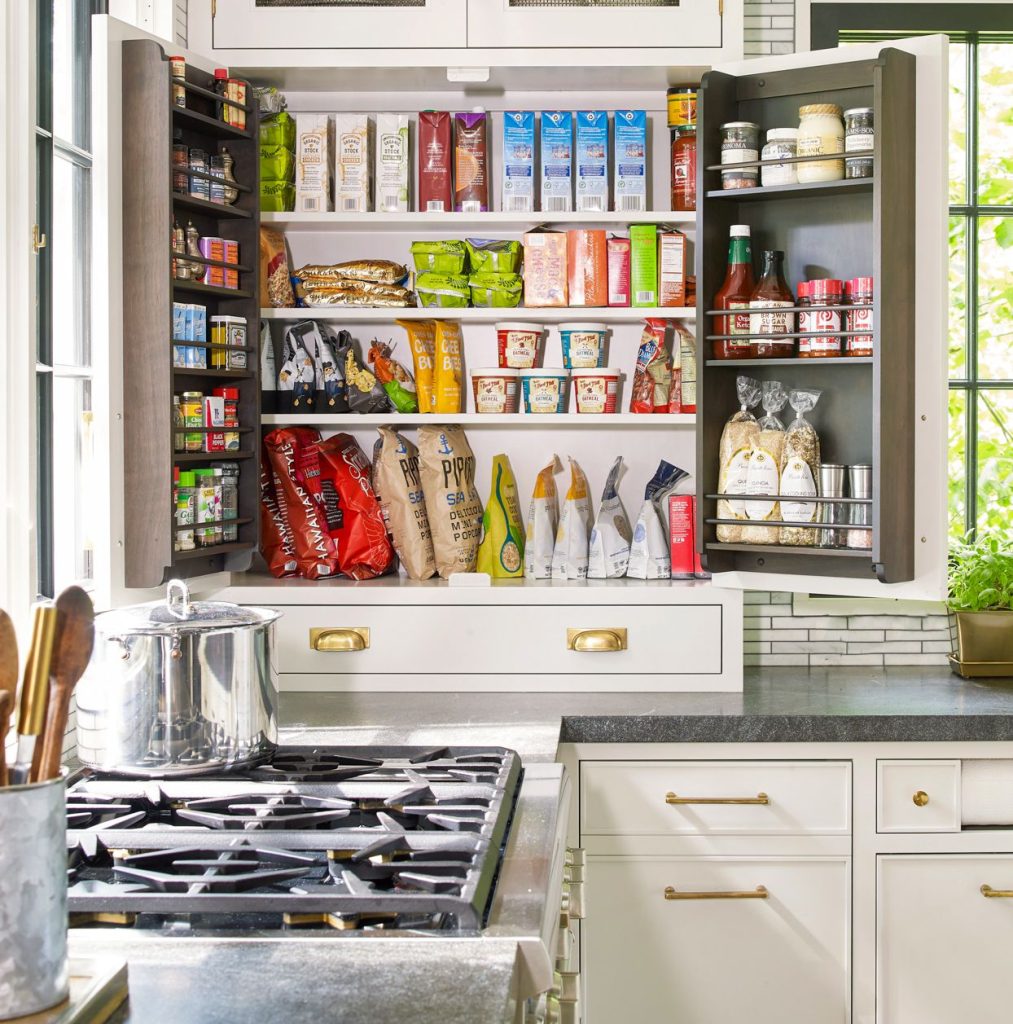 Organized kitchen cabinets with affordable home items stored properly