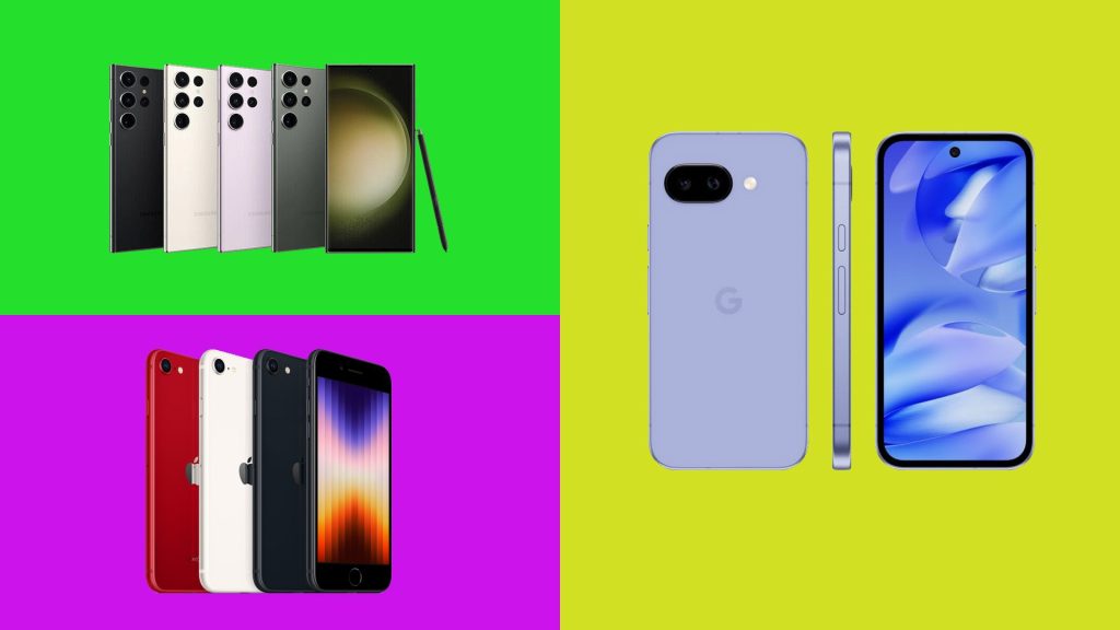 multiple cheap smartphones arranged for comparison