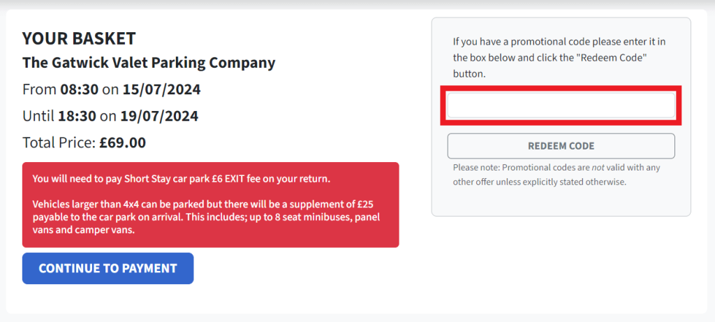 Traveler applying airport parking promo code online