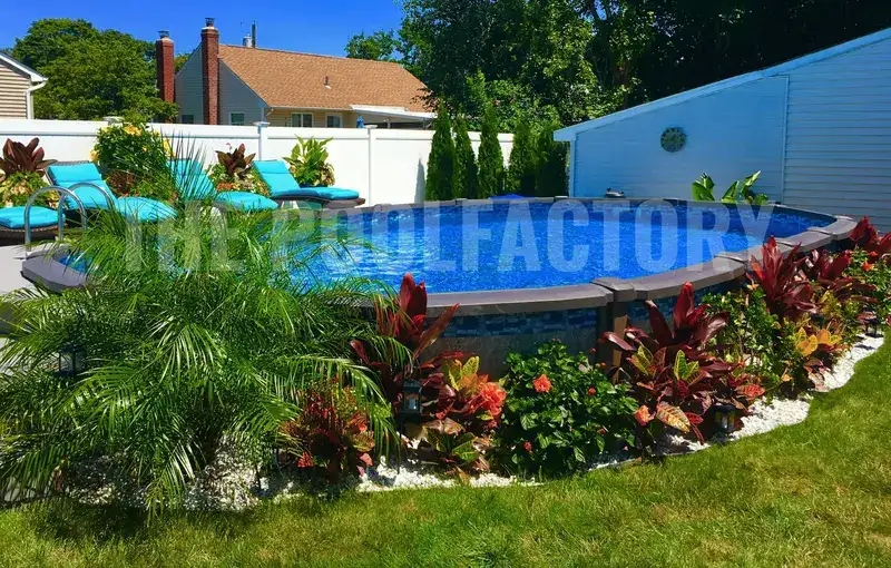 landscaping around above ground pool with gravel border and plants