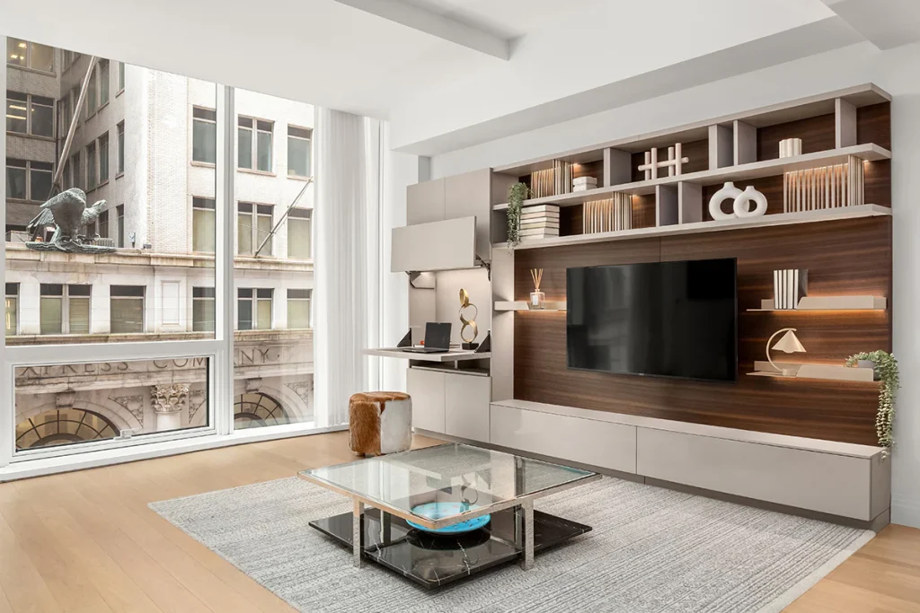 Studio apartment with vertical wall storage