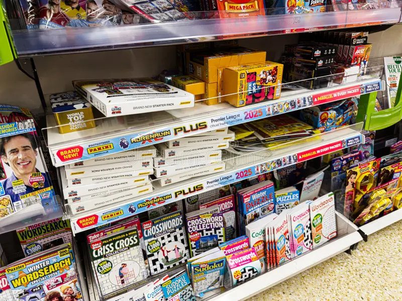 Close view of puzzle and game boxes stocked on retail shelves in a US store, highlighting affordable jigsaw puzzle options.