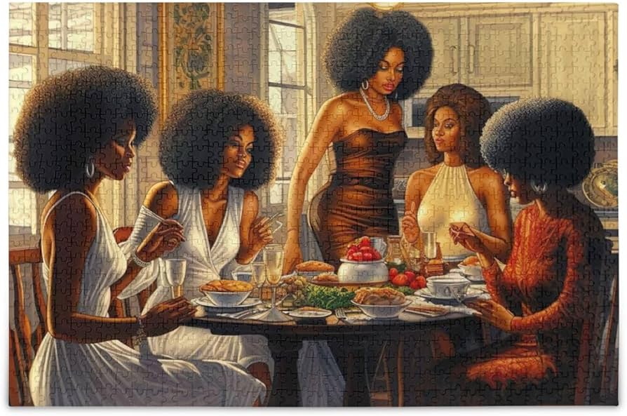 Completed colorful 1000-piece jigsaw puzzle depicting a vibrant dinner scene with African American women, representing satisfying budget puzzle results.