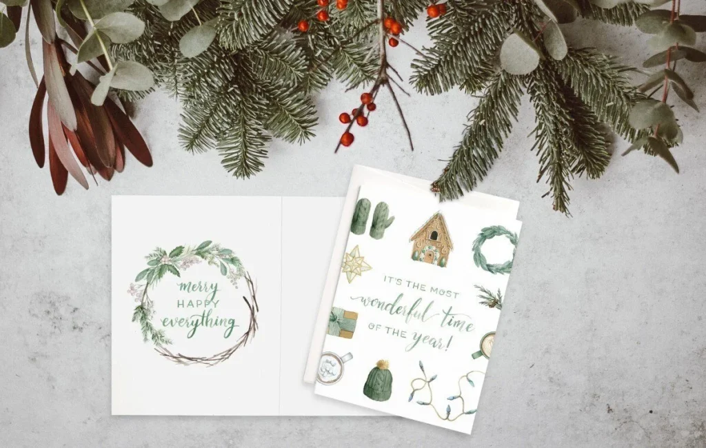 Folded holiday greeting cards with handwritten message